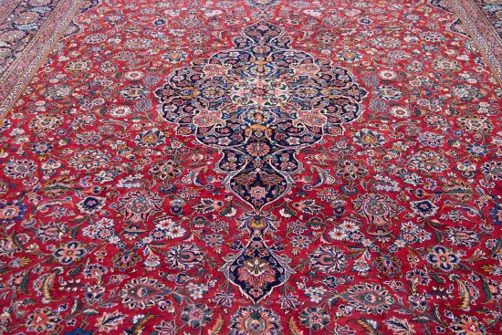 Antique Persian Kashan rug with red and navy-blue colors. Size11.5x18.2.