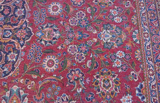 Antique Persian Kashan rug with red and navy-blue colors. Size11.5x18.2.