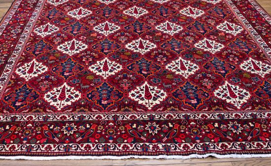 Hand knotted wool rugs. Persian Bakhtiari rug with birds and pine trees in red colors. Size 10.3x14.