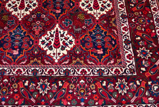 Hand knotted wool rugs. Persian Bakhtiari rug with birds and pine trees in red colors. Size 10.3x14.