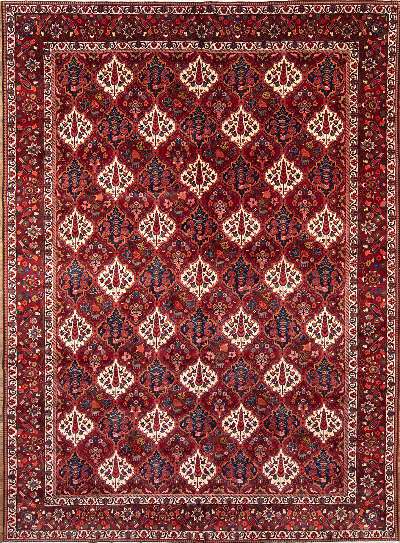 Hand knotted wool rugs. Persian Bakhtiari rug with birds and pine trees in red colors. Size 10.3x14.