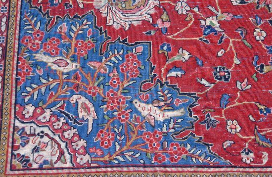 Large area rug. Hand woven floral Persian Sarouk rug in red color made of wool. Size 10.9x14.4.