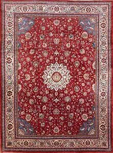2573- Large area rug. Hand woven red Persian area rug. Floral Persian Sarouk rug. Size 10.9x14.4.