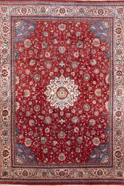 Large area rug. Hand woven floral Persian Sarouk rug in red color made of wool. Size 10.9x14.4.