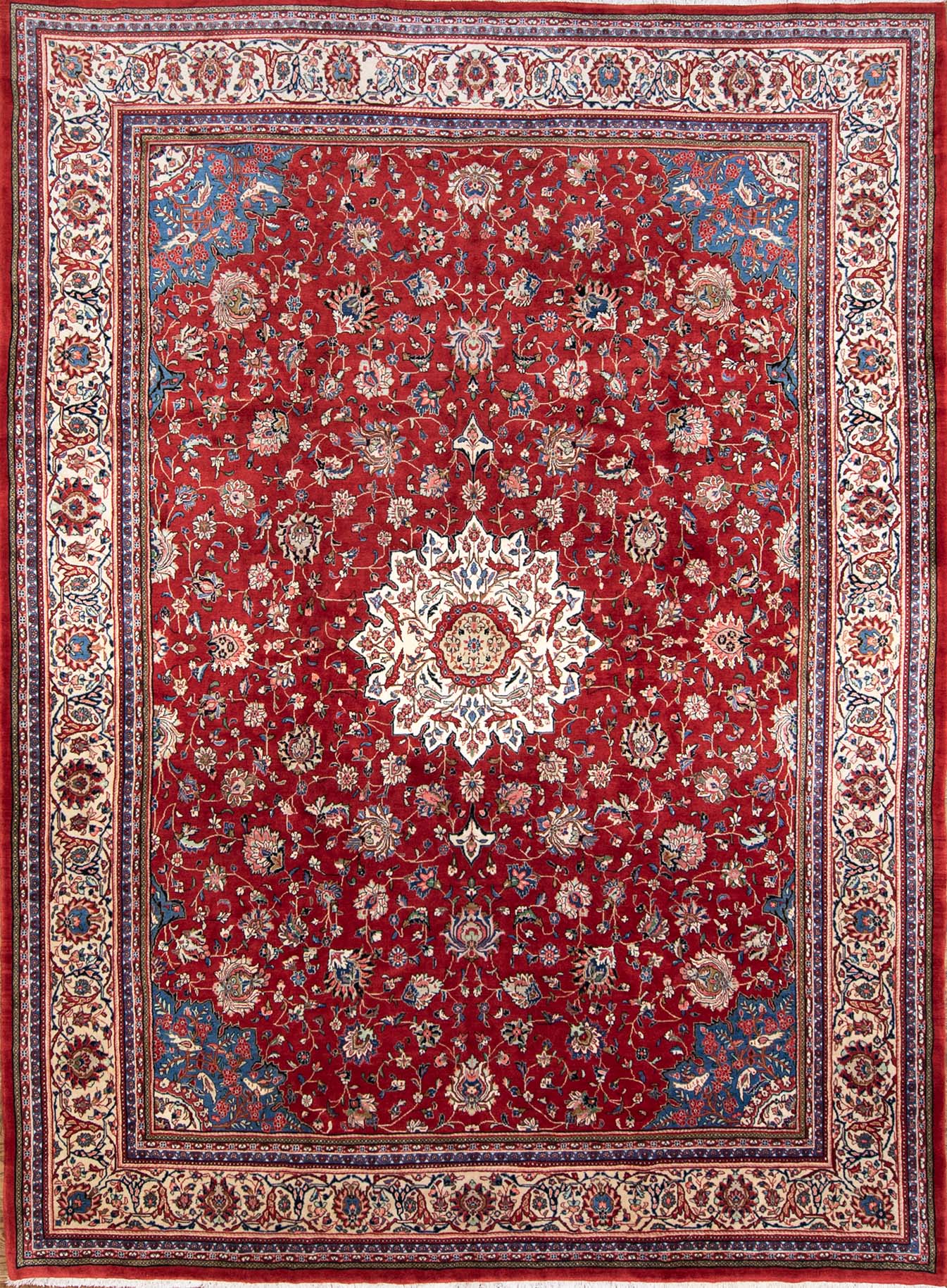 Large area rug. Hand woven floral Persian Sarouk rug in red color made of wool. Size 10.9x14.4.