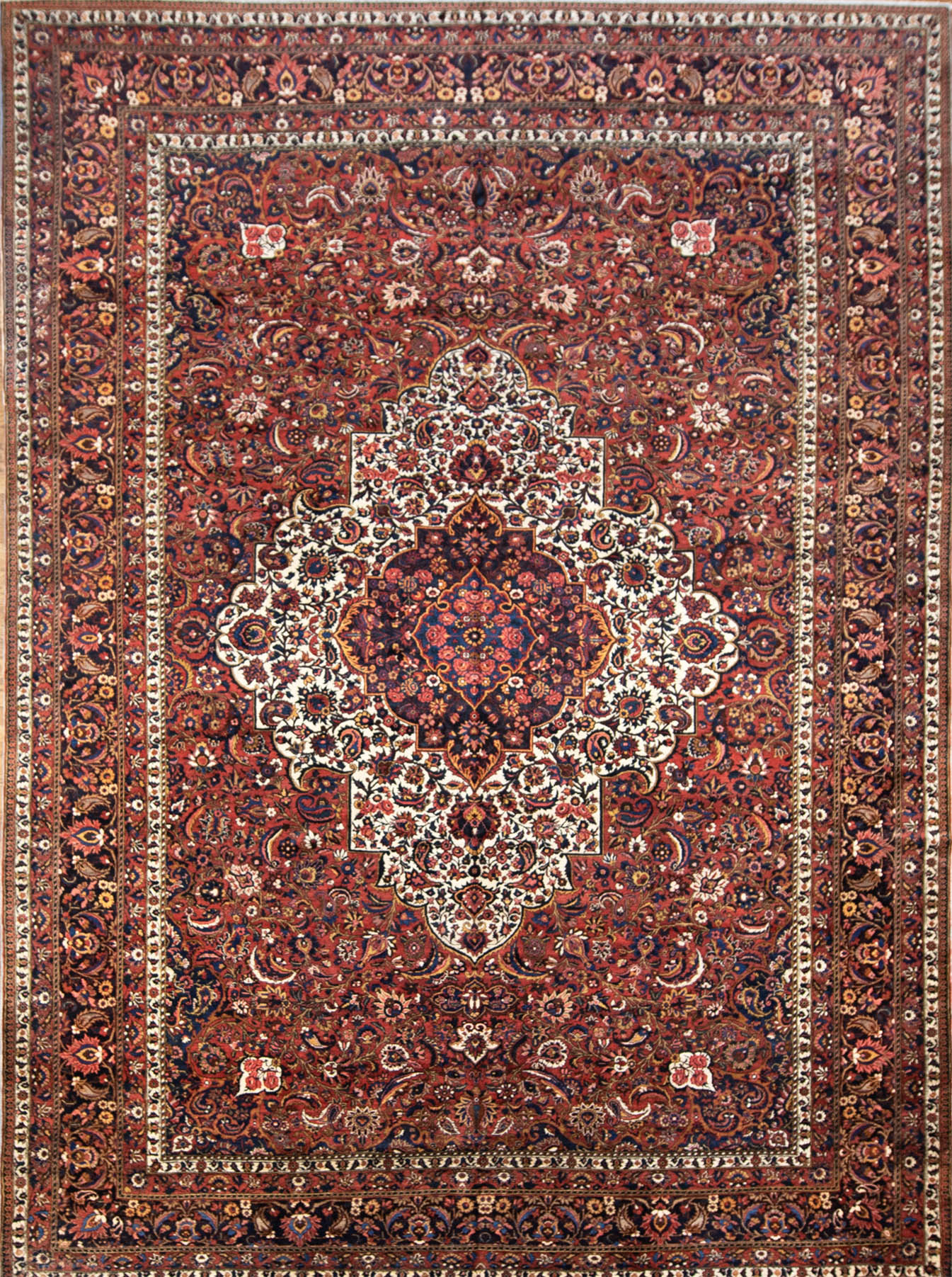 Antique Rug, Antique Persian Bakhtiari Rug with terracotta red color. Size 11x15.