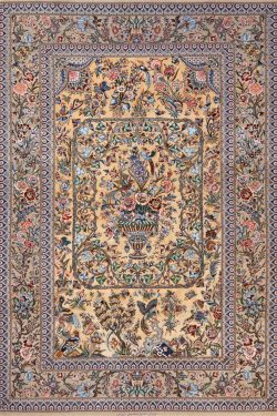 Exclusive rug. Beautiful hand knotted Persian Isfahan rug made of silk and kork wool in gold color. Size 5x7.4