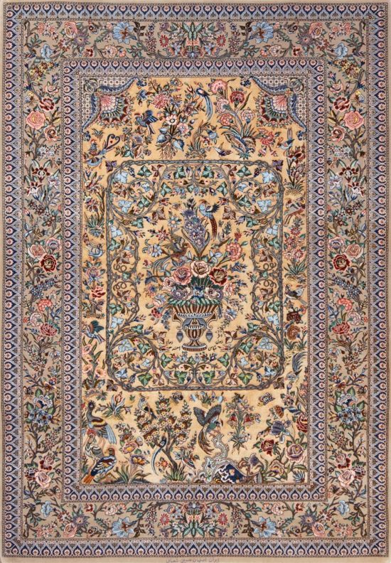 Exclusive rug. Beautiful hand knotted Persian Isfahan rug made of silk and kork wool in gold color. Size 5x7.4