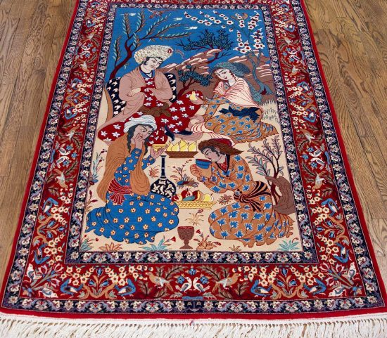 Wall rug, hand woven Persian Isfahan Omar Khayyam pictorial rug. Size 3.7x5.9.