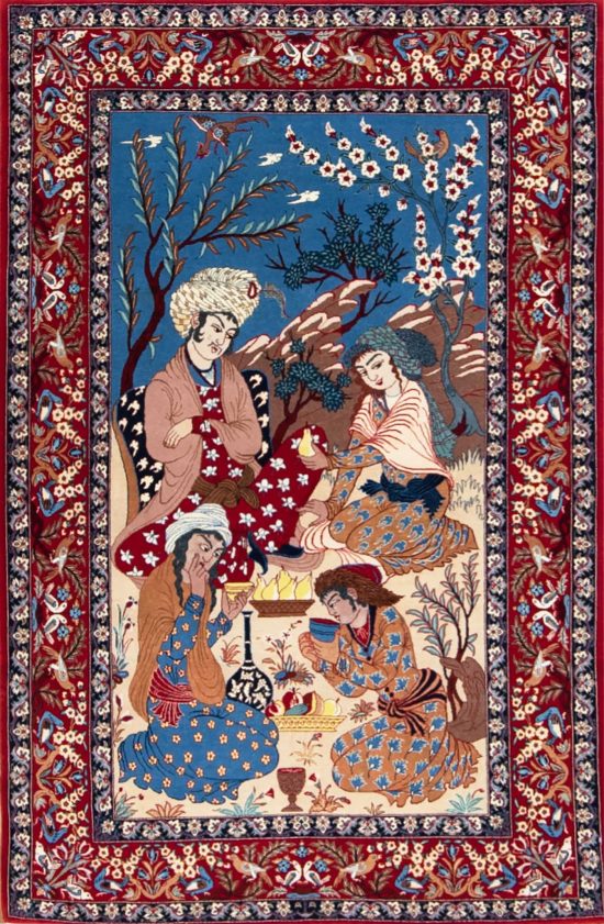 Wall rug, hand woven Persian Isfahan Omar Khayyam pictorial rug. Size 3.7x5.9.