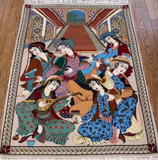 Handmade Persian Isfahan rug wall hanging made of fine kork wool and silk on silk foundation. Size 2.9x4.4.