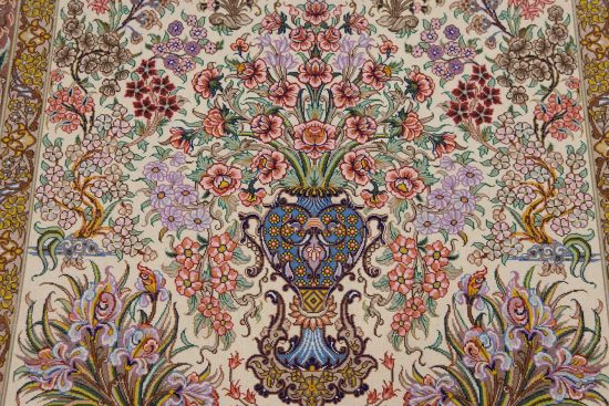 Multicolor rug, Fine quality floral Persian Qum rug with beige and mauve color. Size 3.4x5.6.