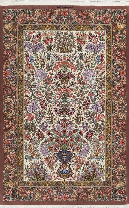 Multicolor rug, Fine quality floral Persian Qum rug with beige and mauve color. Size 3.4x5.6.