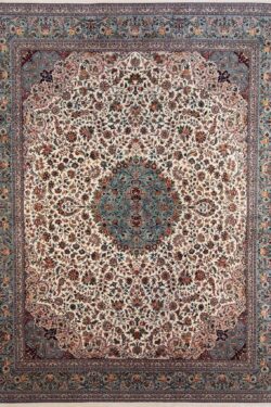 12x15 rug in beige and green colors, floral Persian Tabriz design rug.