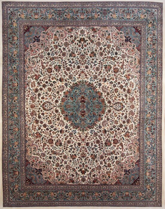 12x15 rug in beige and green colors, floral Persian Tabriz design rug.