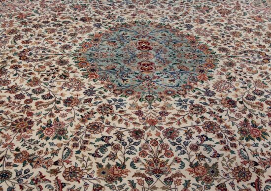 12x15 rug in beige and green colors, floral Persian Tabriz design rug.