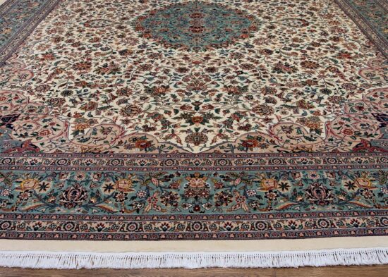 12x15 rug in beige and green colors, floral Persian Tabriz design rug.