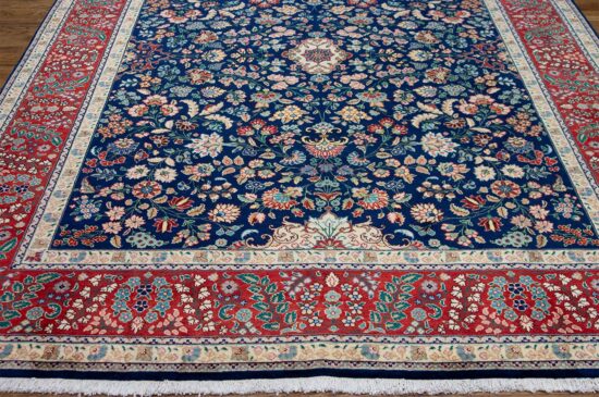 Bue rug, handmade Persian Tabriz wool rug with navy blue background and red border. Size 8.4x11.2