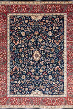 Bue rug, handmade Persian Tabriz wool rug with navy blue background and red border. Size 8.4x11.2