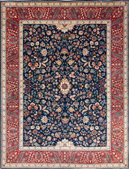 Bue rug, handmade Persian Tabriz wool rug with navy blue background and red border. Size 8.4x11.2