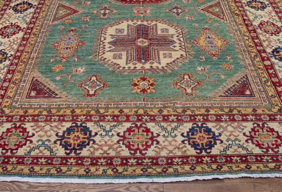 9x13 rug, hand knotted green area rugs in geometric Kazak style made in Pakistan using hand-spun wool.