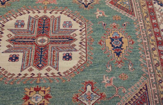 9x13 rug, hand knotted green area rugs in geometric Kazak style made in Pakistan using hand-spun wool.