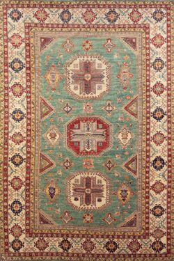 9x13 rug, hand knotted green area rugs in geometric Kazak style made in Pakistan using hand-spun wool.