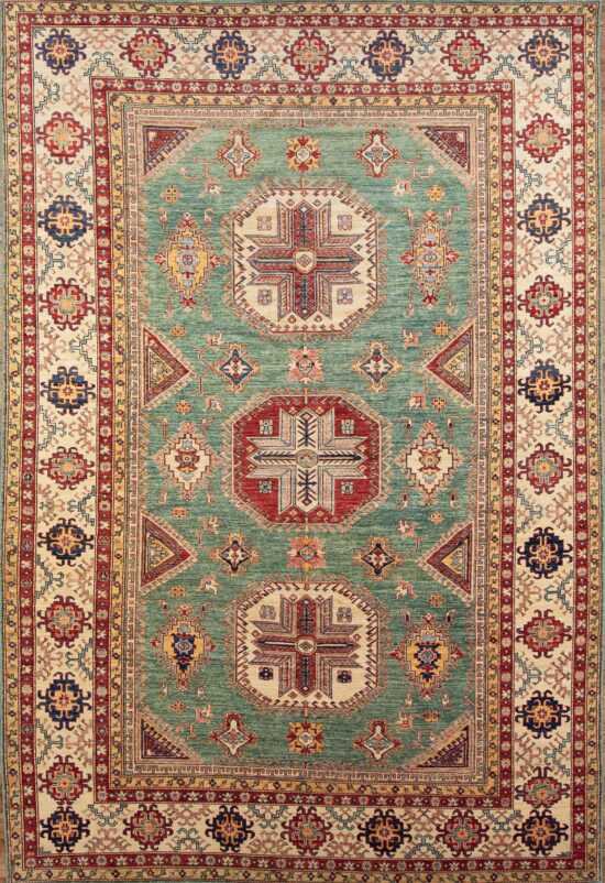 9x13 rug, hand knotted green area rugs in geometric Kazak style made in Pakistan using hand-spun wool.