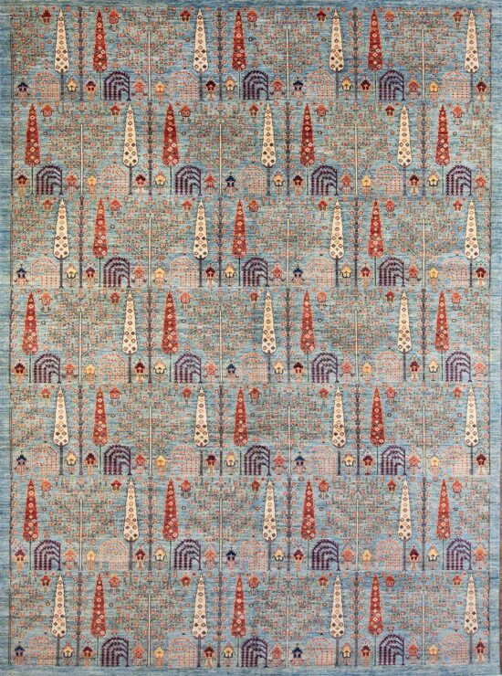 10x14 area rug, handmade Bakshaish design blue area rug with pine trees.