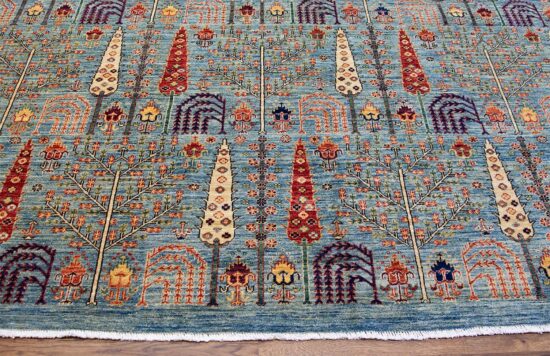 10x14 area rug, handmade Bakshaish design blue area rug with pine trees.