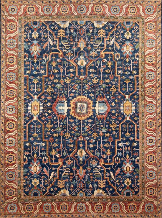 Geometric rug, handmade navy blue and rust color 10x14 geometric rug.