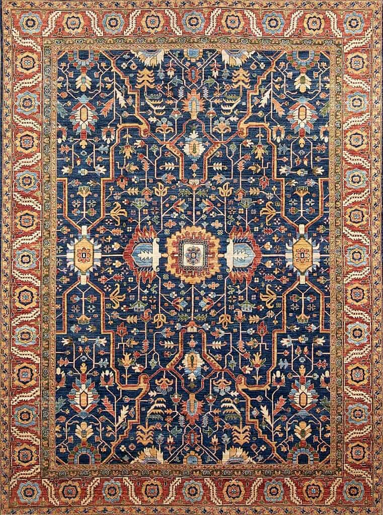 7529- Geometric rug. Beautiful handmade 10x14 navy blue and rust color geometric rug made in Pakistan.  