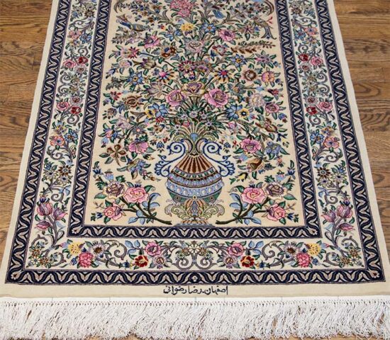 Isfahan rugs, hand woven Persian Isfahan rug, floral style with vase in beige and rose colors. Size 2.9x4.4