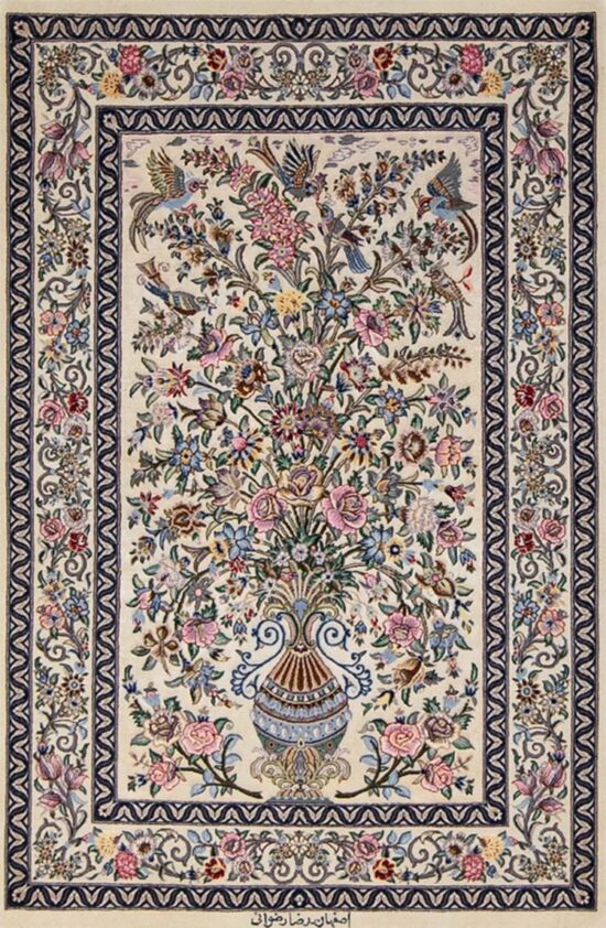 Isfahan rugs, hand woven Persian Isfahan rug, floral style with vase in beige and rose colors. Size 2.9x4.4