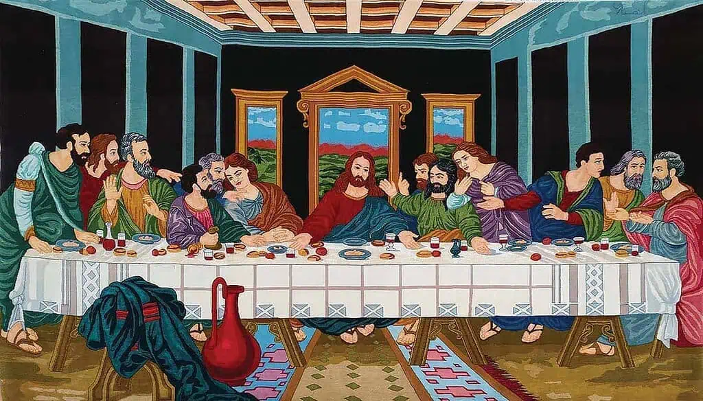 1123- Handmade Persian Tabriz rug depicting the Last Supper, woven in wool and silk, signed by Ansari. Size 7.6x4.5.