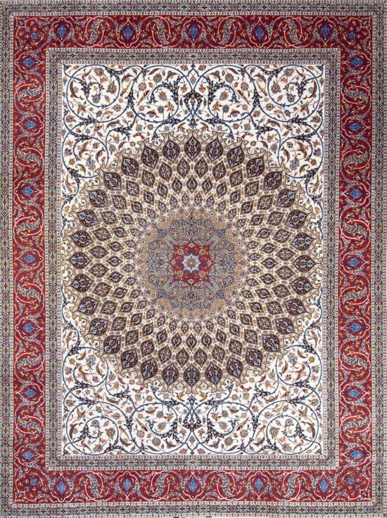 Beautiful Persian rug. Artful Persian Isfahan masterpiece, mandala style with birds and flowers in beige color. Size 10.4x13.8.