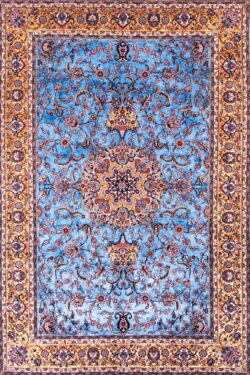 Handmade silk Persian rug in blue color and gold colors. Size 6.8x10.