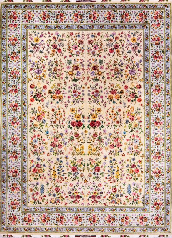 Azim Zadeh Rug, multicolor floral Persian Tabriz Rug, Masterpiece Bouquet of Roses Rug. Size 9.9x1.3.6.