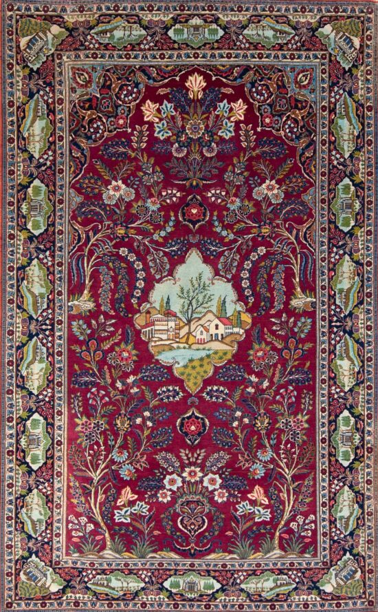 Vintage mid century rug Persian Kashan rug with scenic and tree of life in red color. Size 5.3x8.7.