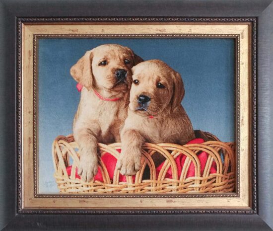 Pictorial Rugs, A Cute Handmade Persian Pictorial Rug for Dog Lovers, two dogs are sitting in a basket. The rug is framed. Size 2x1.8.