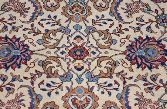 Handmade Persian Sarouk wool rug in beige and rustic red, floral and all-over design. Size 6.8x10.