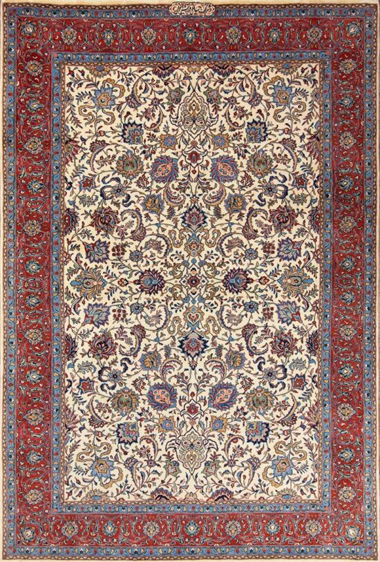 Handmade Persian Sarouk wool rug in beige and rustic red, floral and all-over design. Size 6.8x10.