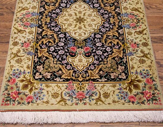 Persian Qum silk rug, black and gold color. Size 2.8x4.