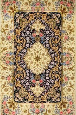 Persian Qum silk rug, black and gold color. Size 2.8x4.