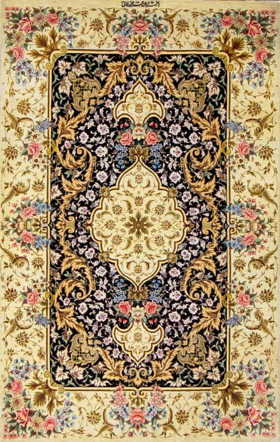 Persian Qum silk rug, black and gold color. Size 2.8x4.