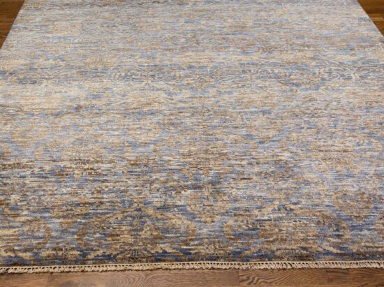 Modern area rug made of wool in blue and brown, hand knotted in India, Size 7.8x10.