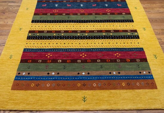 5x7 modern rug for bedroom in yellow, red and green colors made of wool.