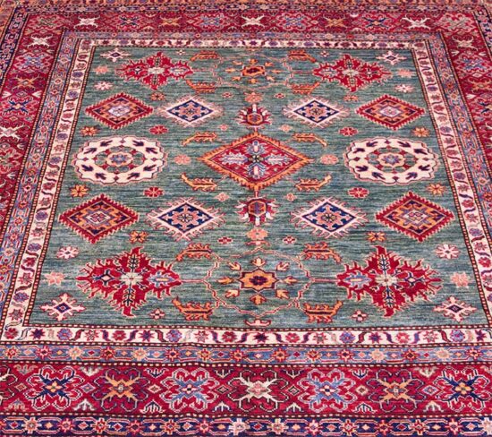 Handmade square rug, geometric Kazak design in green and red colors. Size 6x6.