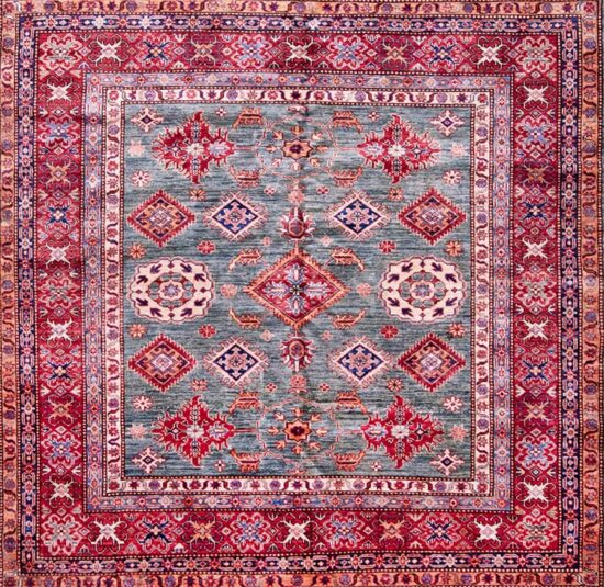 Handmade square rug, geometric Kazak design in green and red colors. Size 6x6.