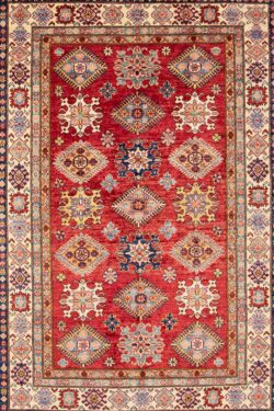 Hand knotted rug oriental rug, Kazak design rug in red color. Size 5.2x6.7.